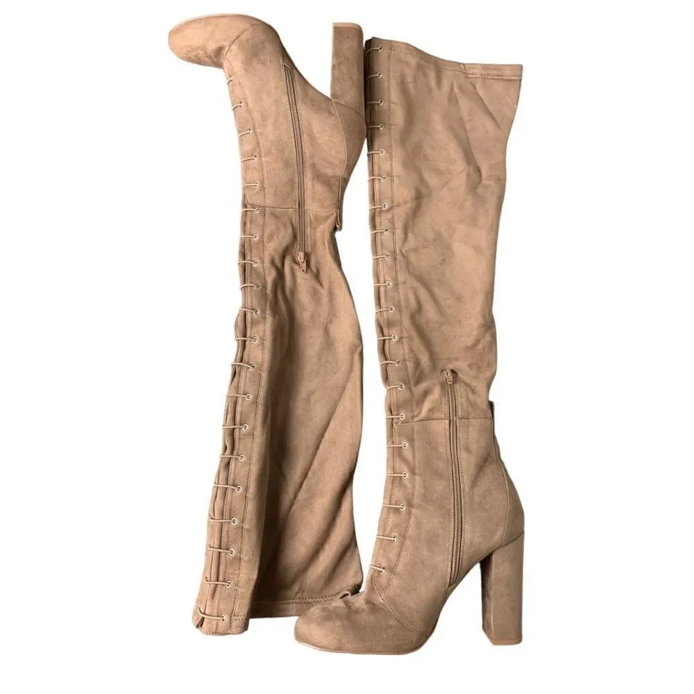 Chinese Laundry Tan Suede Over the Knee Boots tie in front 9